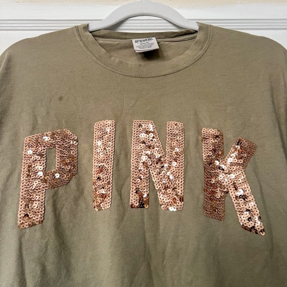Victoria’s Secret PINK Green Sequins Bling Logo Long Sleeve Tee | M - Picture 3 of 9